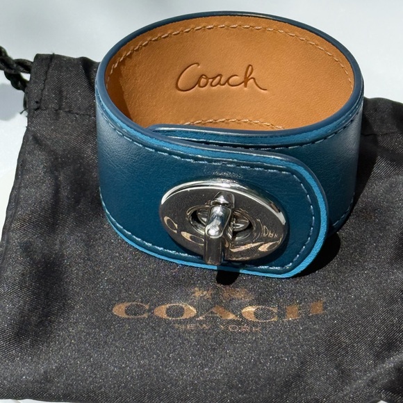 Coach Teal Blue Leather Turnlock Cuff Bracelet - Picture 5 of 5